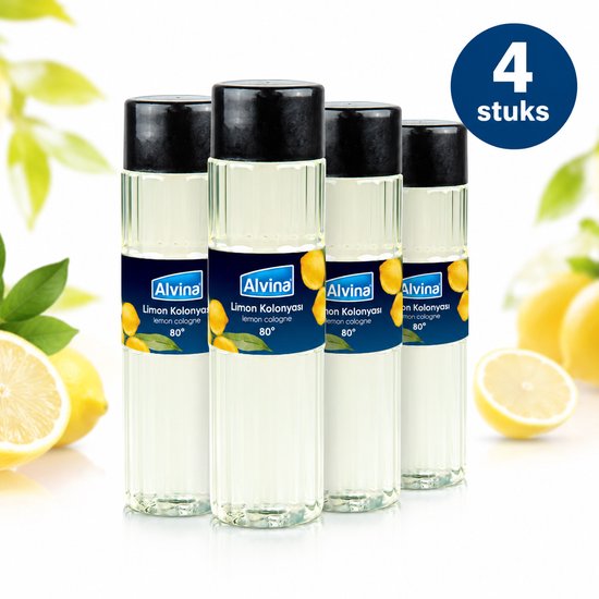 Vier Alvina Limon Kolonya flessen van 400 ml met citroenillustraties en '4 stuks' opdruk.