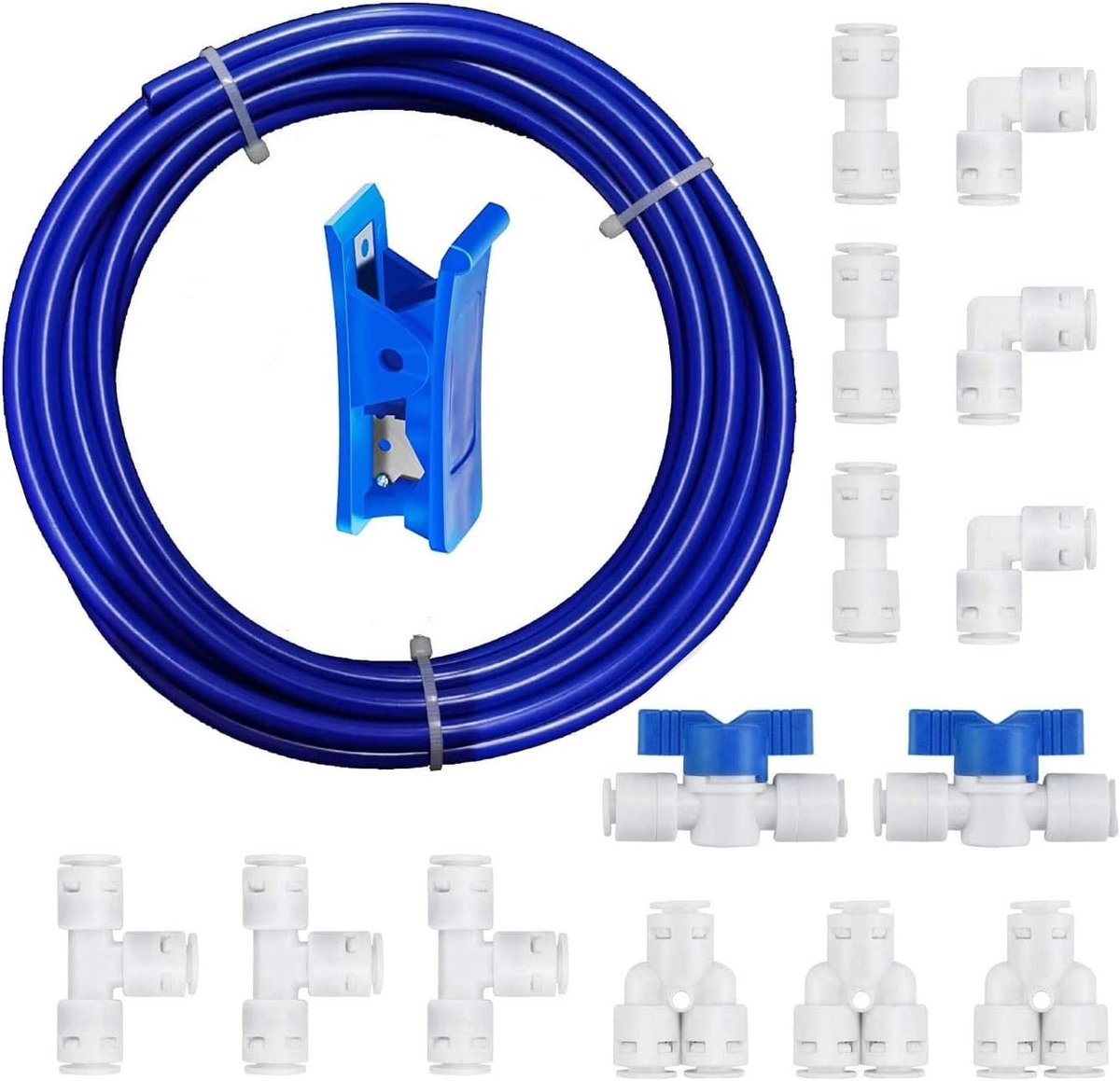 Universele 15 m Aansluitset voor RO Waterfilter, Geschikt voor 1/4 Inch Slangen, Koelkast- en Wateraansluitingen met Afsluitklep