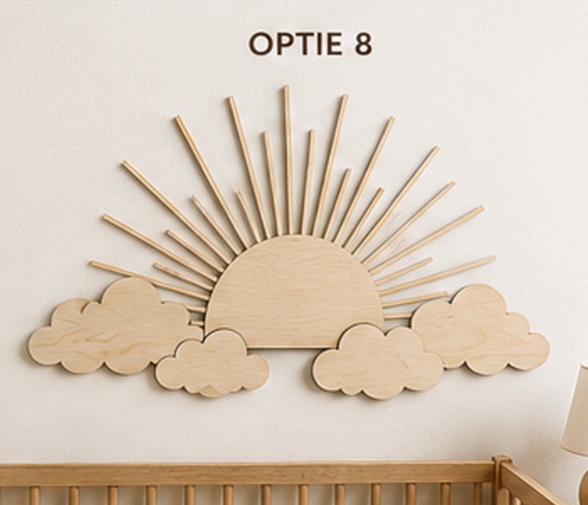 MODEL 08 – HOUTEN ZON MET LANGE ZONNESTRALEN EN WOLKEN | BOHO MUURDECORATIE | 40 x 40 CM/babykamer/babykamer accessories/ baby