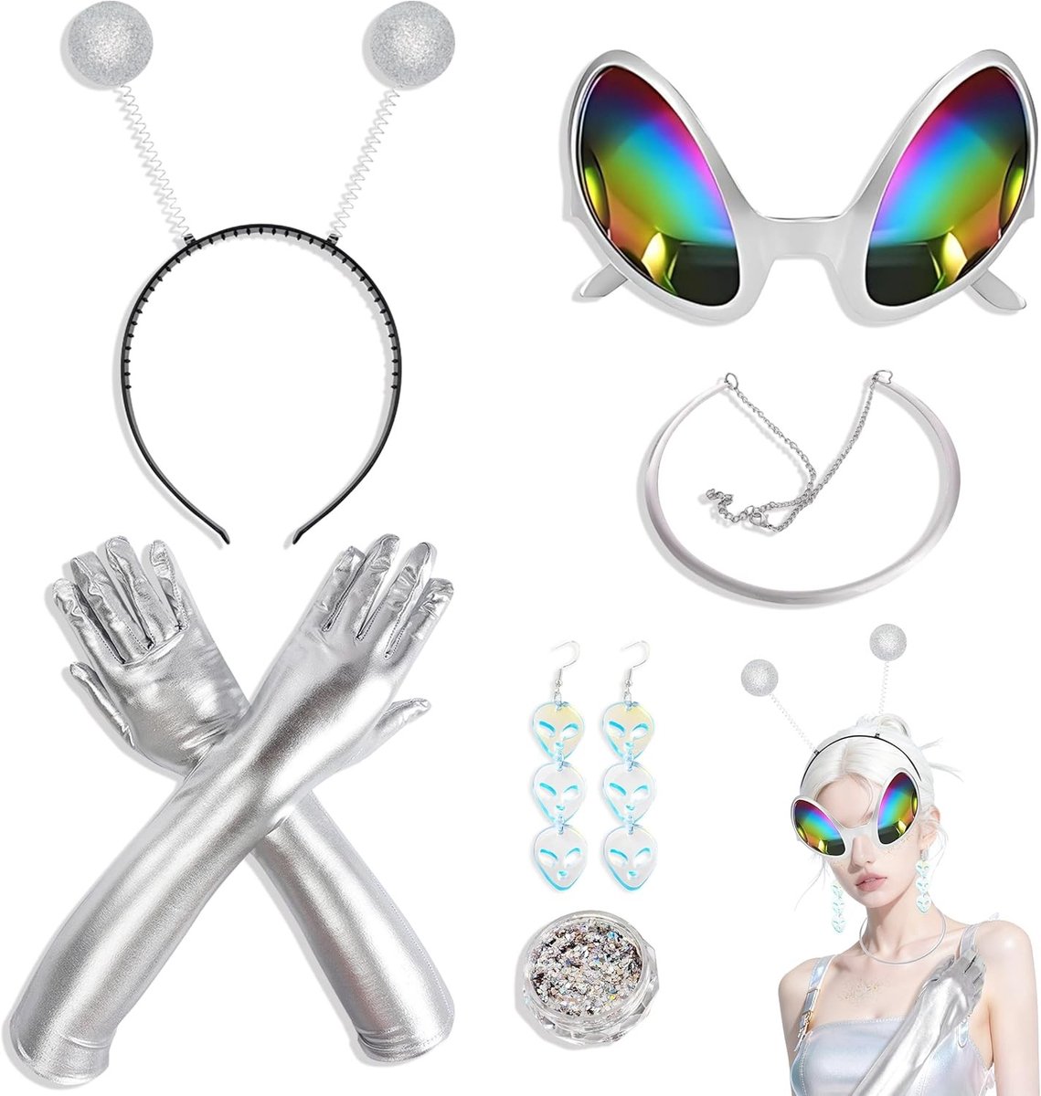 Vrouwelijk Alien Kostuum met 6 Accessoires, Haarband, Bril, Oorbellen, Ketting en Lange Handschoenen voor Carnaval en Halloween Feestjes