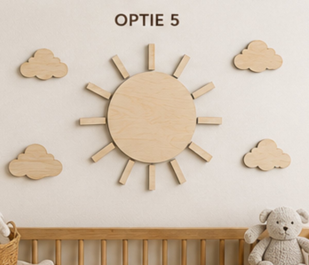 MODEL 05 – MINIMALISTISCHE HOUTEN ZON MET WOLKEN | KINDERKAMER DECORATIE | 40 x 40 CM/kinderkamer/babykamer/ babykamer