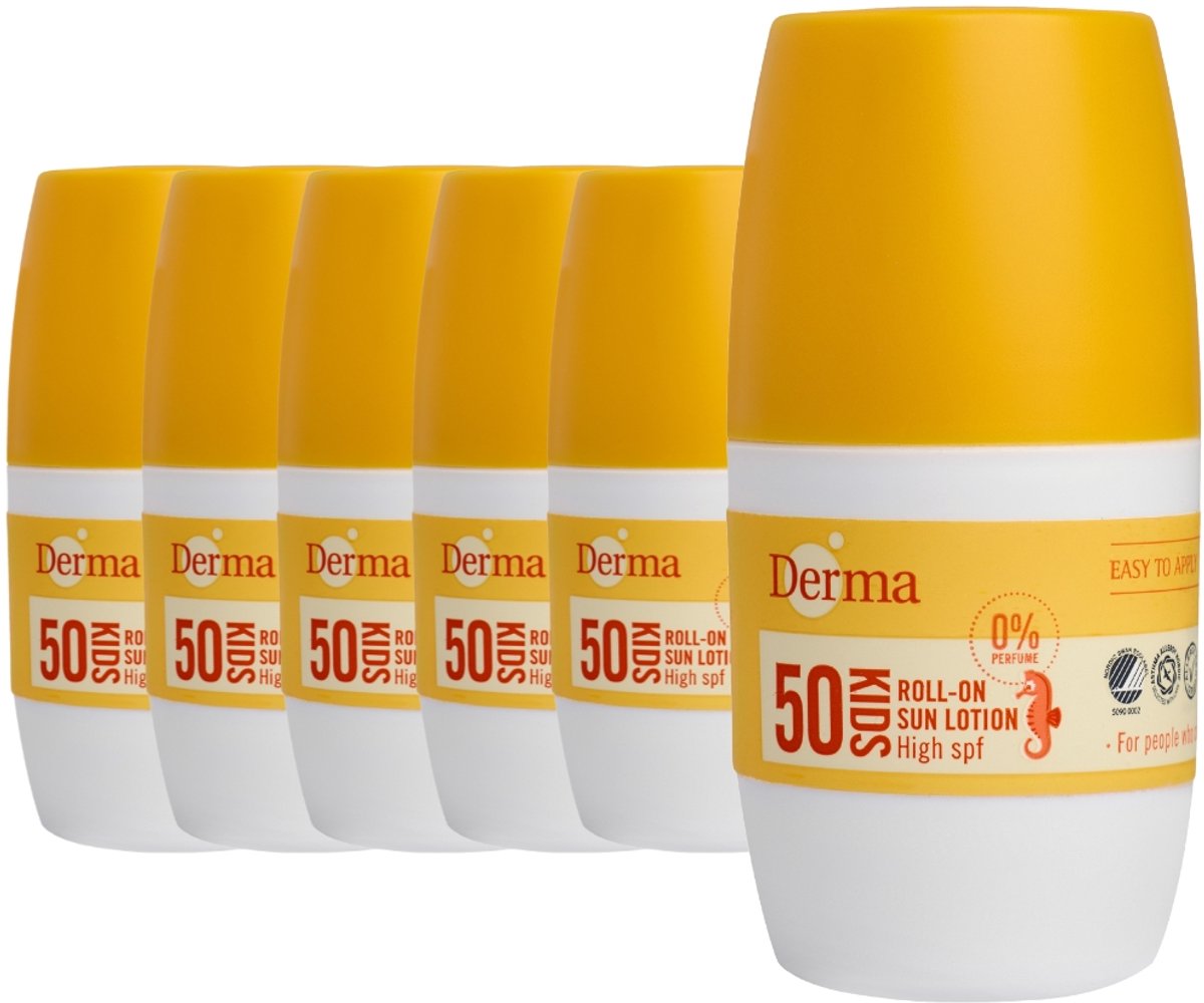Derma Sun Kids - Zonnebrand Roll-on SPF50 - 6 x 50 ml - Hoge UVA en UVB Bescherming - Waterbestendig - Parfumvrij - Met Aloe Vera en Vitamine E - AllergyCertified