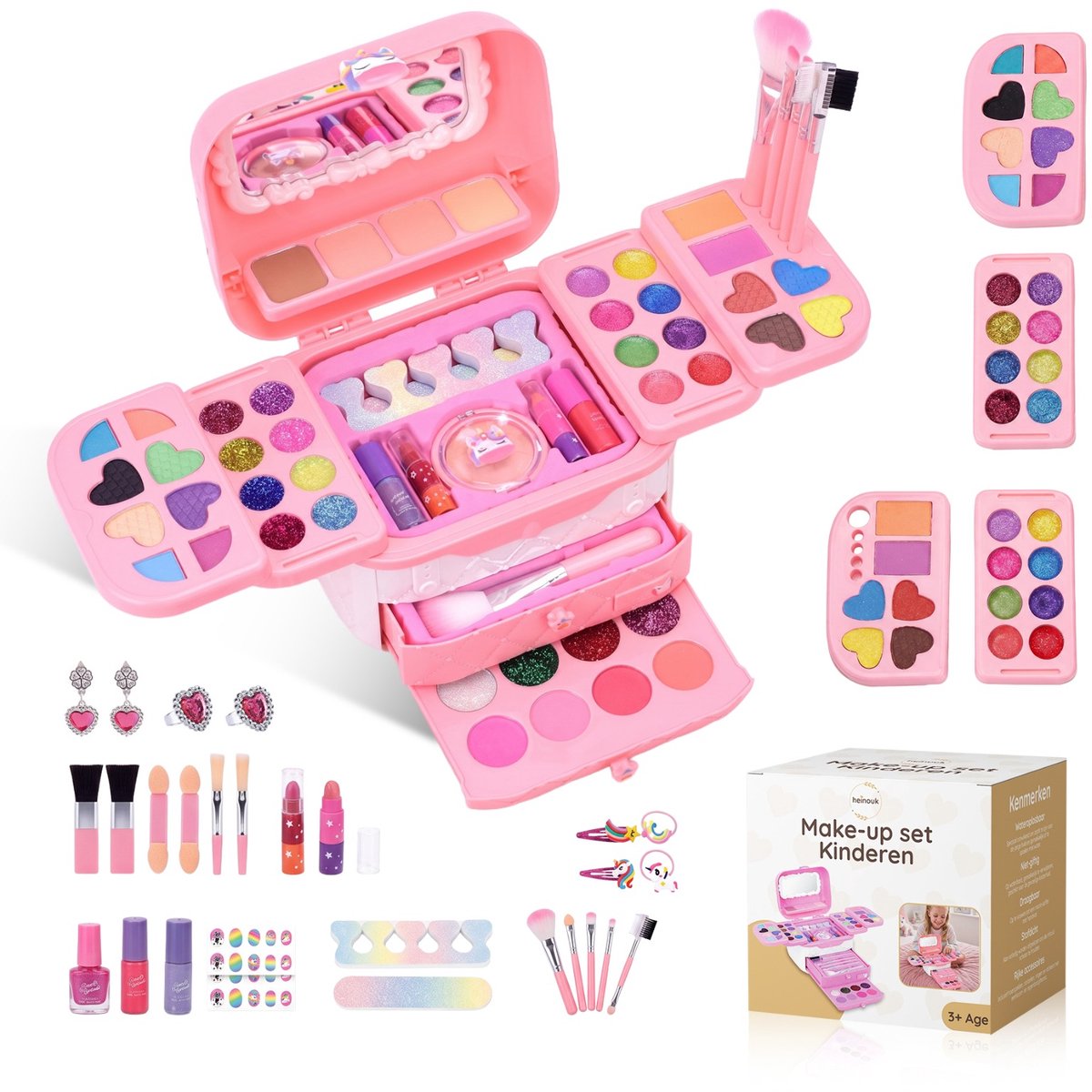 Heinouk® - Make-up koffer voor kinderen - 72 stuks - Beautybox roze met glitters, nagellak, oogschaduw, lipgloss en sieraden - Vanaf 3 jaar