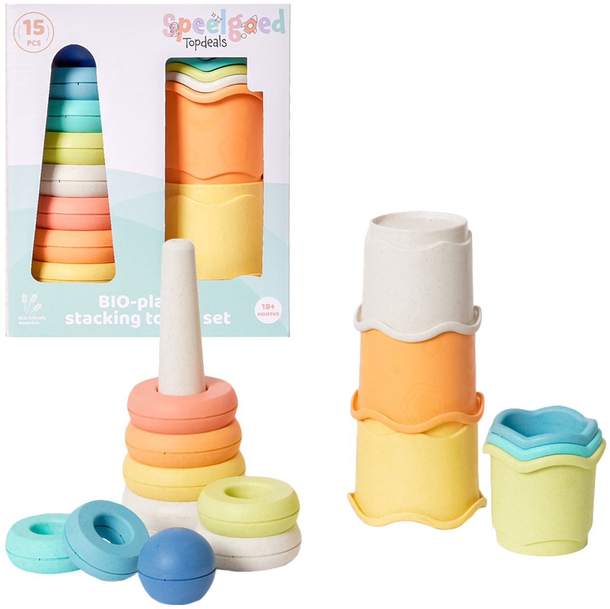 Speelgoedtopdeals - BIOplastic Stapeltoren Set 15-delig - Duurzaam Speelgoed