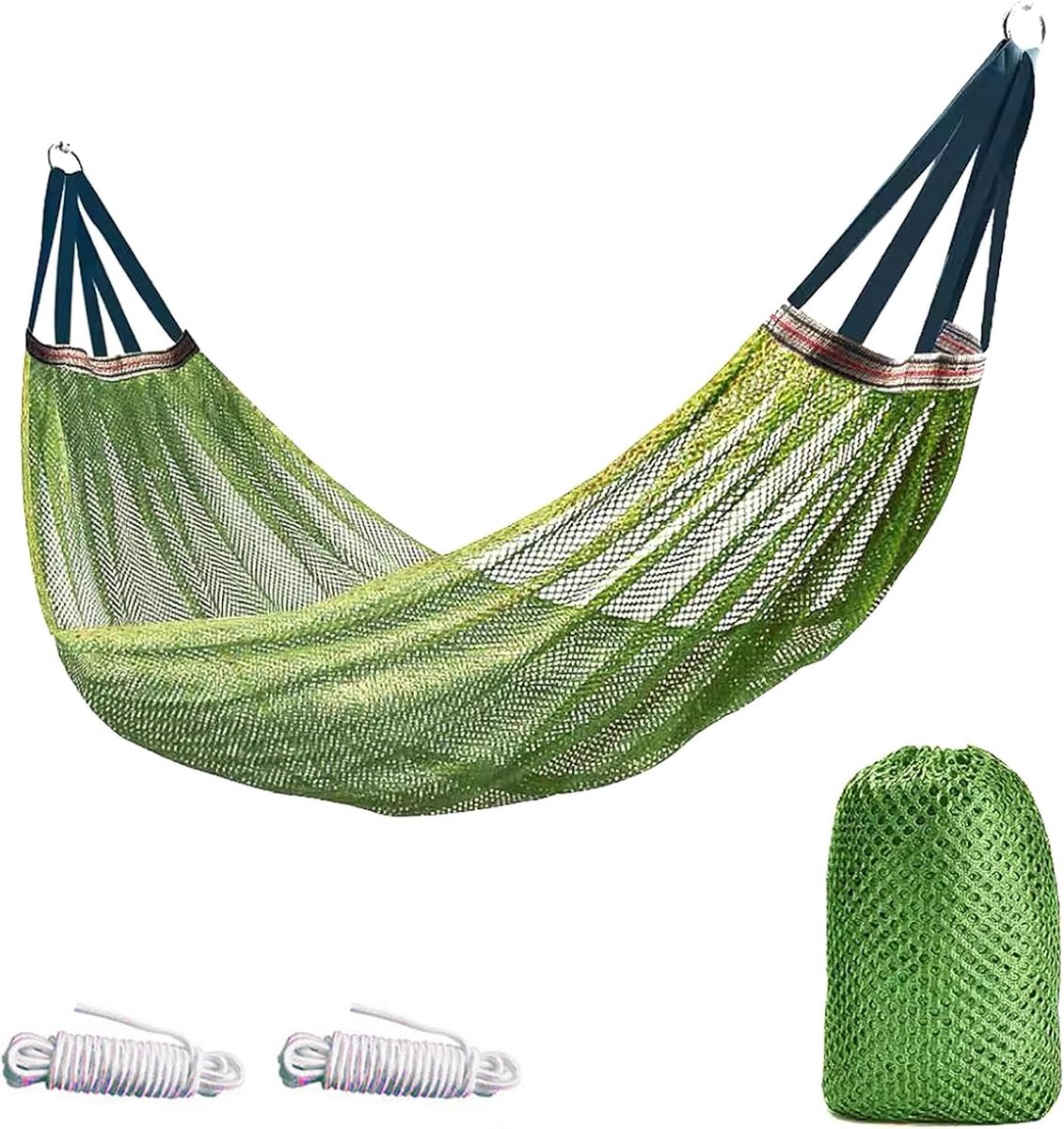 Hangmat voor Camping, Tuin en Reizen - 250 kg Maximaal Draagvermogen - Groene Touwhangmat van Nylon Gaas - Ademend en Lichtgewicht Outdoorsysteem - Compacte Reishangmat voor Strand en Terras