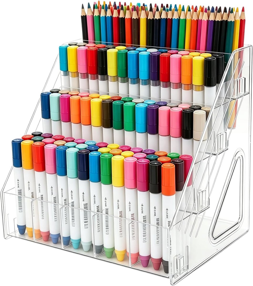 KZQ Acryl Pennenhouder 4 Lagen 20 Vakken Bureau Organizer Ruimtebesparend Stander voor Markers en Kunstbenodigdheden Transparant Opbergrek voor Kantoorgerei