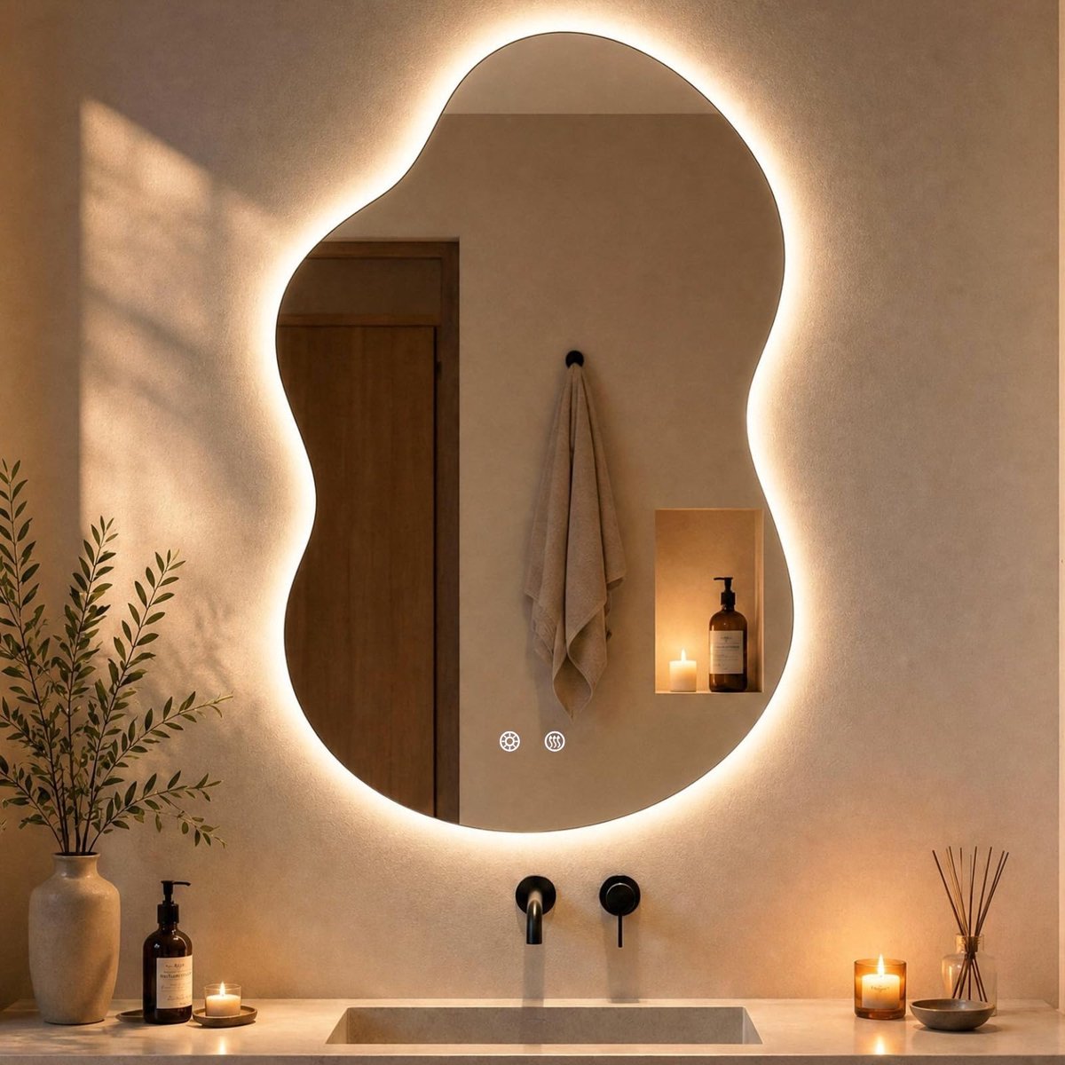 SnelShoppen - Clevich Badkamerspiegel met Verlichting, Dimbare LED Spiegel 90 x 60 cm, Asymmetrisch Ontwerp, Gehard Glas, 3 Lichtkleuren, Aanraakschak