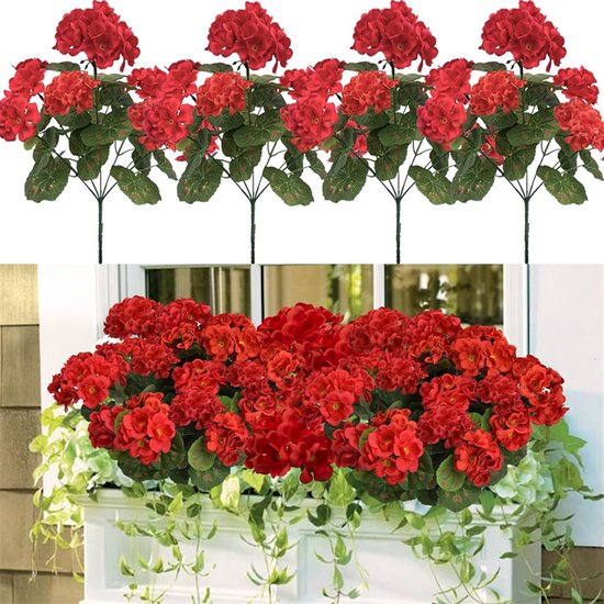 Foto: 4 stuks kunstmatige geraniumbloemen uv bestendige rode geraniumzijden nepbloemen voor buiten voor thuis bruiloft tuin terras tafeldecoratie rood