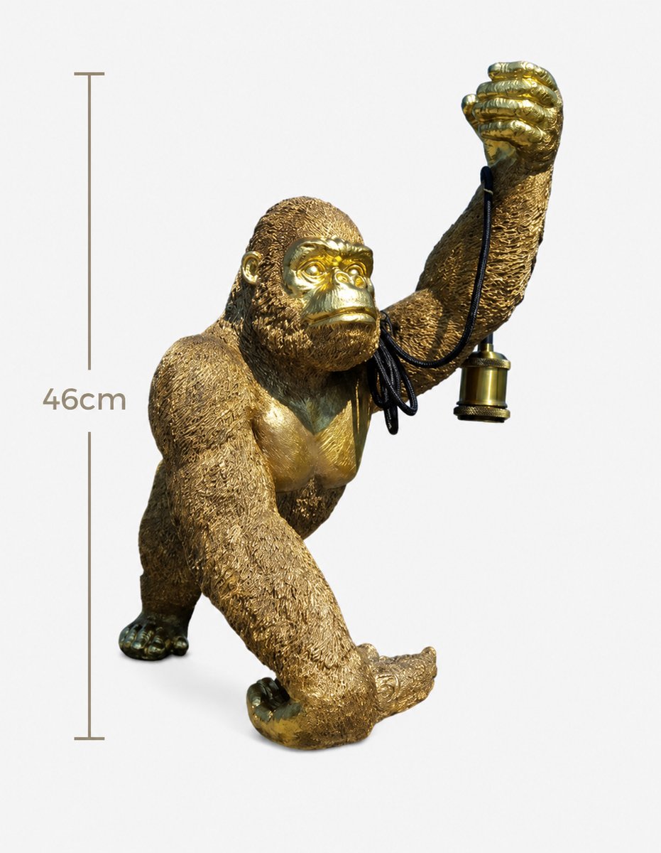 Luxe Gouden Aap Tafellamp Gorilla – XL Aap Beeld met Lamp Fitting – Polystone Woondecoratie – Industrieel & Hotel Sjiek – 46 cm Hoog