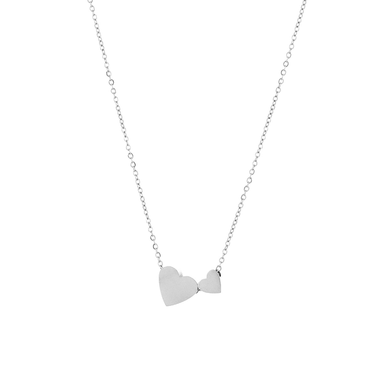 Modieuze Roestvrij Stalen Ketting - Fijne Ketting met Twee Verbonden Hartjes - Stainless Steel Sieraad - Zilver