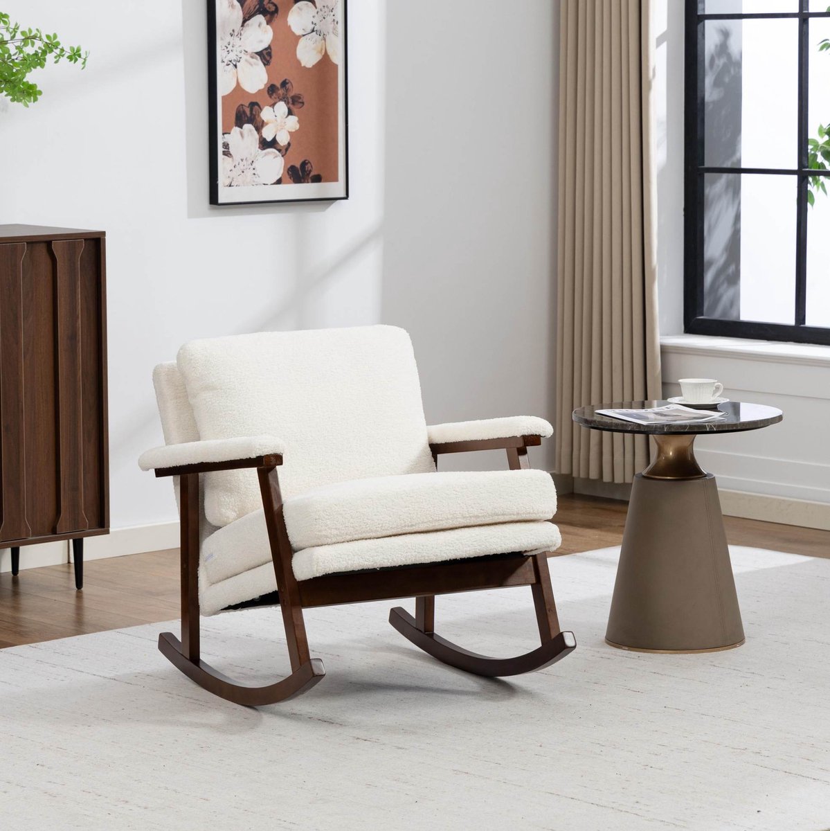 REDOM - Fauteuil - Schommelconstructie - Hoge dichtheid schuimvulling - Met lumbalkussen en armleuningen - Retro stijl - Woonkamer - Hout en velvet - Wit - 83 x 73 x 80 cm