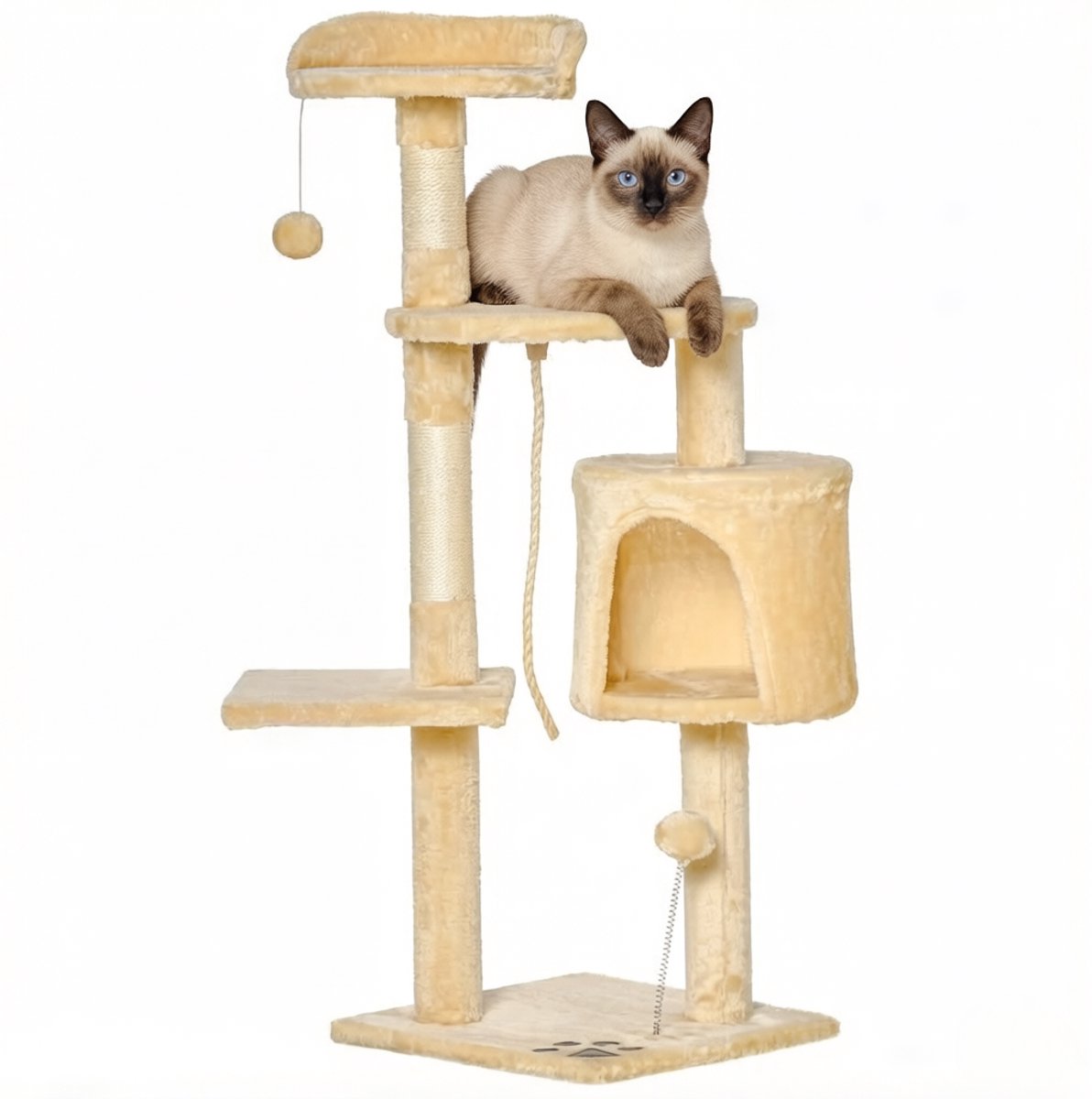 Krabmeubel 4 Laags 114 Cm Beige Pluche En Sisal Met Huisje, Hangmat, Krabpalen En Speelballen Voor Klimmen, Rust En Spel