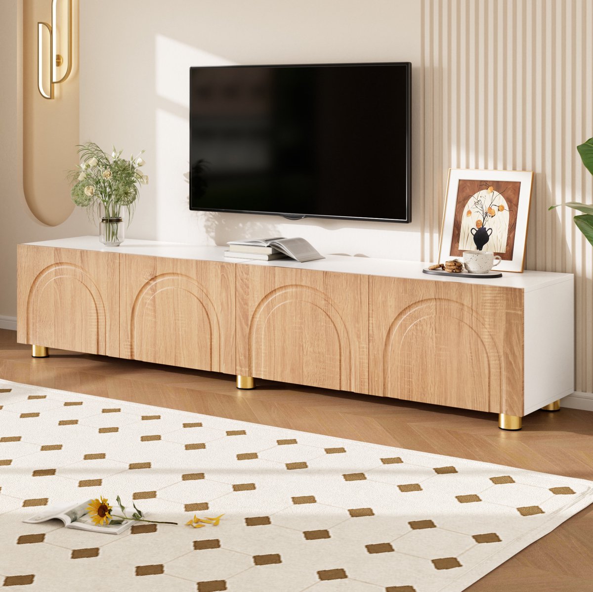 REDOM - TV-kast - 4 deuren met bogenrelief - dichte kast - metalen poten - moderne stijl - woonkamer - MDF en spaanplaat - Naturel en Wit - 180 x 35 x 40 cm