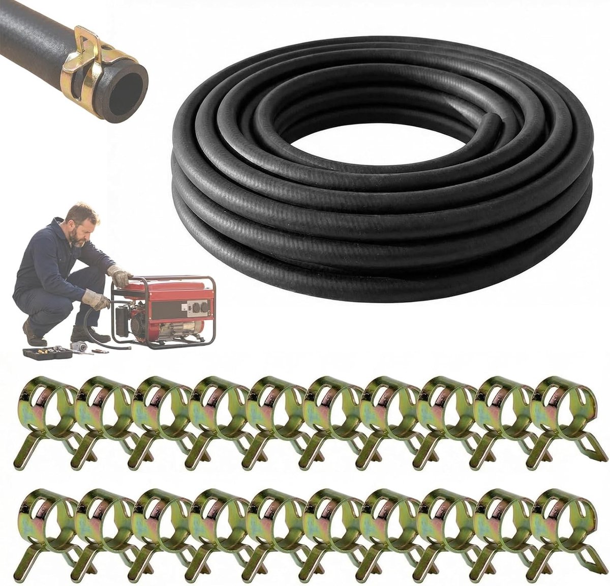 Brandstofslang 5mm, 2,4m met 20 Zwarte Slangklemmen voor Kleine Benzin- en Dieselmotoren, Generatoren en Tuinmachines