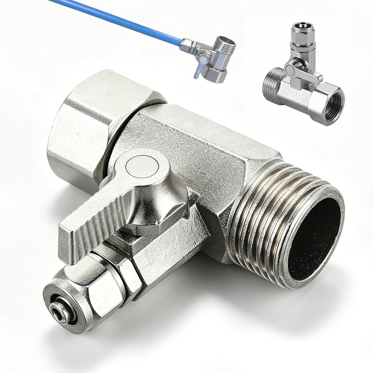 T-adapter voor keukenkraan 3/8 x 3/8 x 1/4, verdeelventiel met rubberen mat, wateraansluiting voor dubbele aansluiting en eenvoudig gebruik