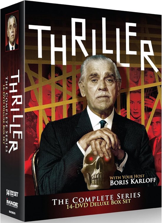 De cover van de Thriller The Complete Series 14-DVD Deluxe Box Set met Boris Karloff.