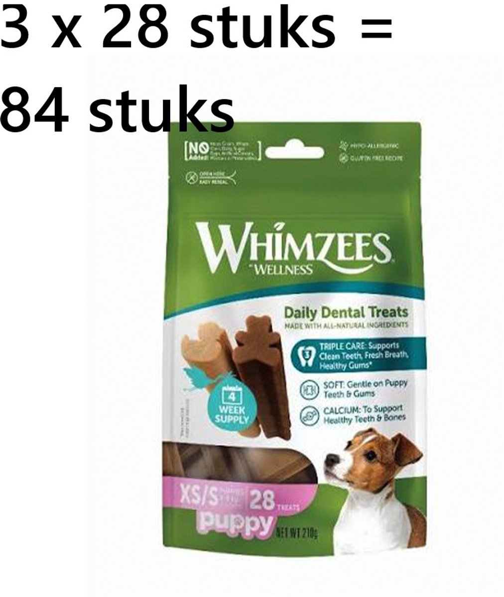Whimzees - welness puppy snack - veggie - vegan - hypo-allergeen en glutenvrij - 28 stuks *** 3 X *** = 84 stuks - tandverzorgend voor de kleine tandjes en tandvlees - lekker en gezond - geen kunstmatige toevoegingen