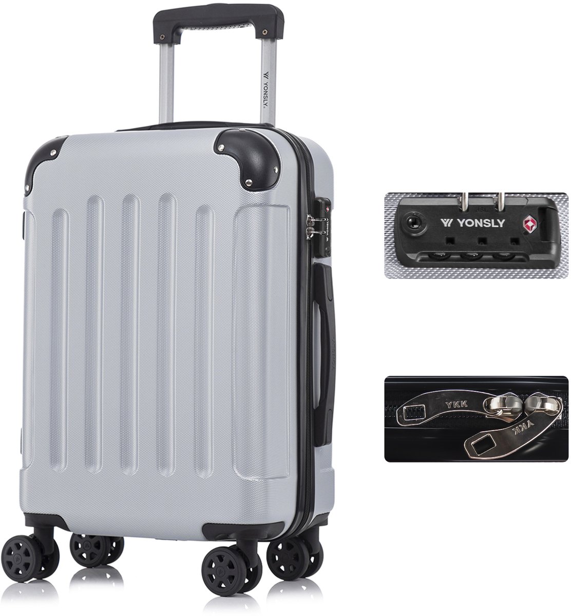 YONSLY Handbagage Koffer - 55cm - 40 L - TSA Slot - YKK Rits - 360° Draaibare Wielen - Zilver