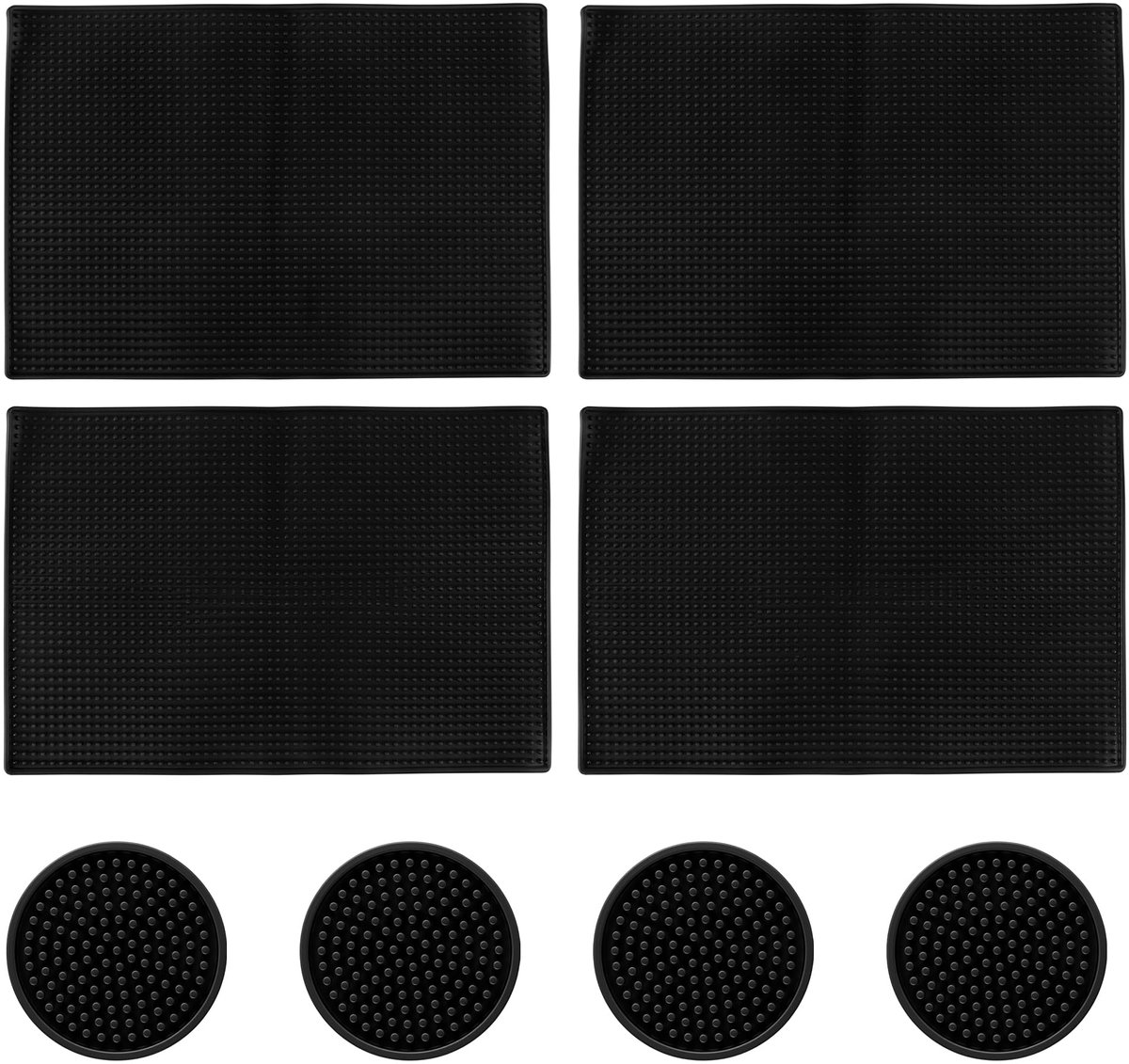 SnelShoppen - 4 stuks PVC barmatten 45 x 30 cm zwarte afdruipmat voor servies, inclusief 4 ronde onderzetters 10 cm, ideale baraccessoires voor keuken