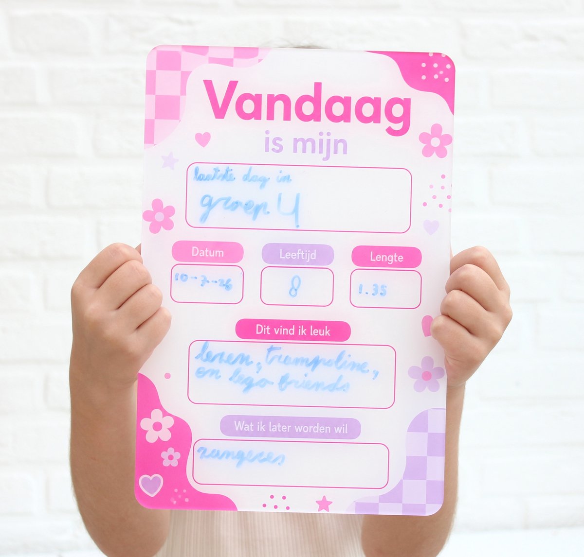 Eerste & laatste schooldag invulbord – Herbruikbaar plexiglas schoolbord – Back to School – Nieuw schooljaar – Roze bloemen