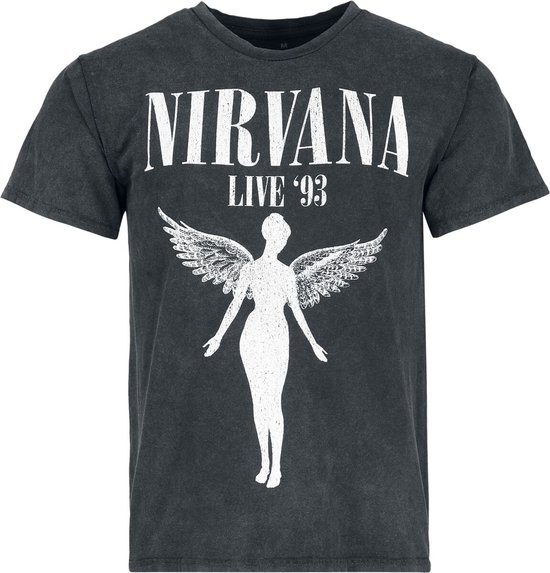 T-shirt noir Nirvana 'Live '93' avec imprimé blanc d'une silhouette d'ange aux ailes déployées.