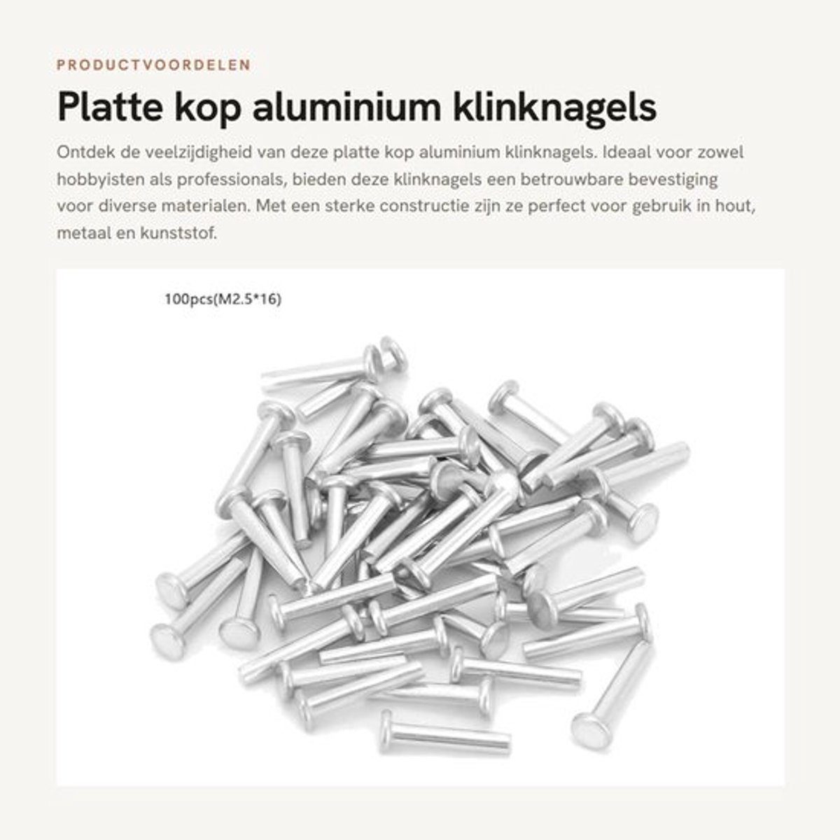 Klinknagels 100st - Platte Kop - Aluminium - Verzonken - M2.5 x 16mm - Duurzaam - Popnagels