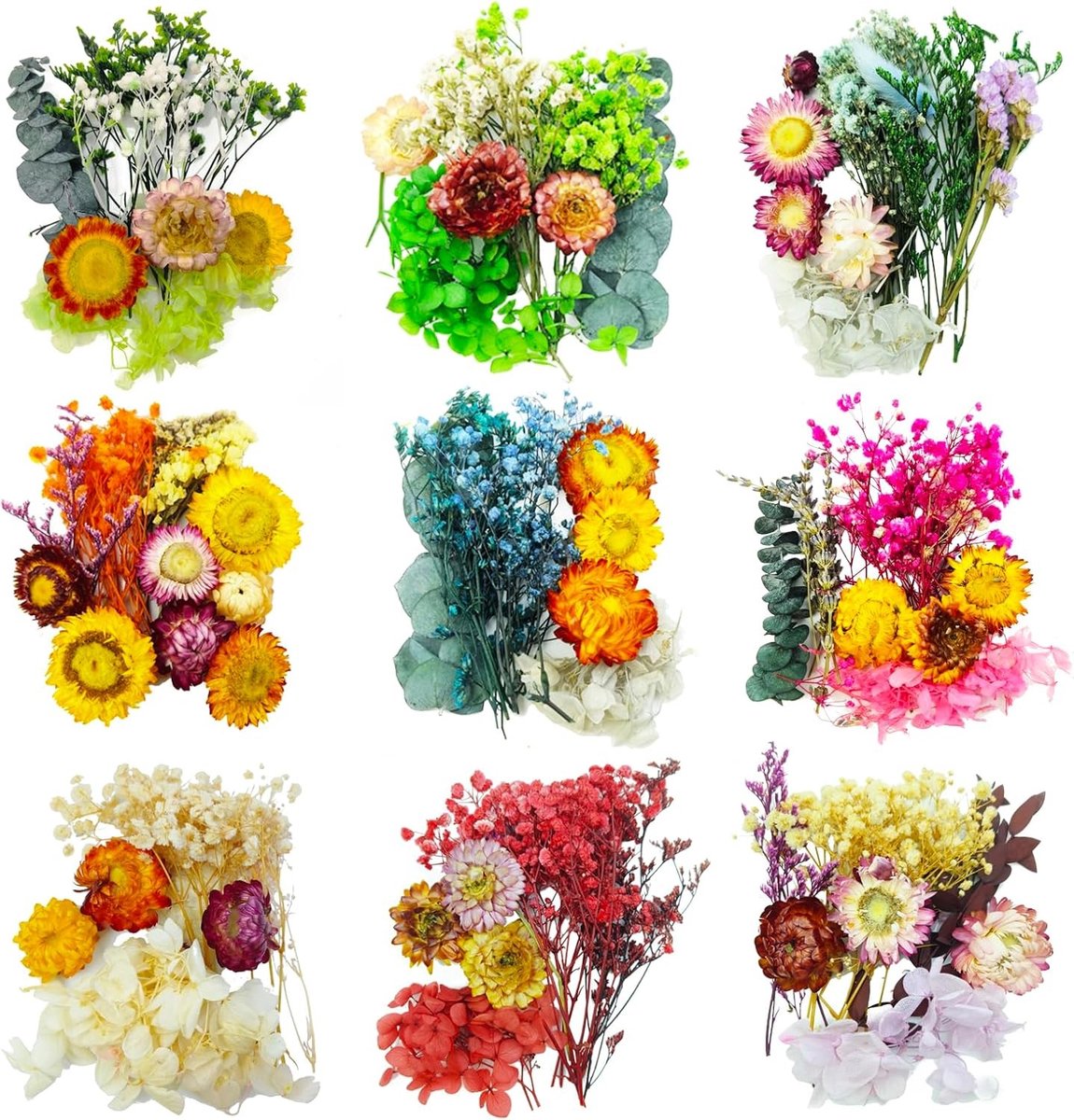 Mini Gedroogde Bloemen - 9 Zakjes Natuurlijke Kleine Droge Bloemblaadjes voor Creatieve Projecten, DIY Kunst, Kaarsen en Hars Sieraden