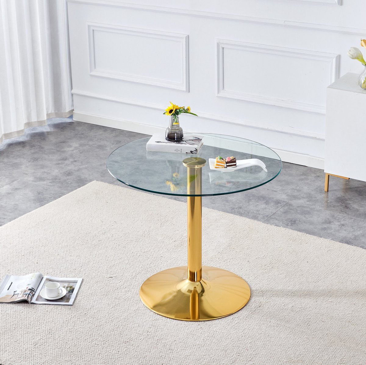 MEUNIQ ronde glazen eettafel 85 cm met transparant tafelblad en goudkleurig metalen onderstel, moderne tafel voor eetkamer, keuken of café, 76 cm hoog