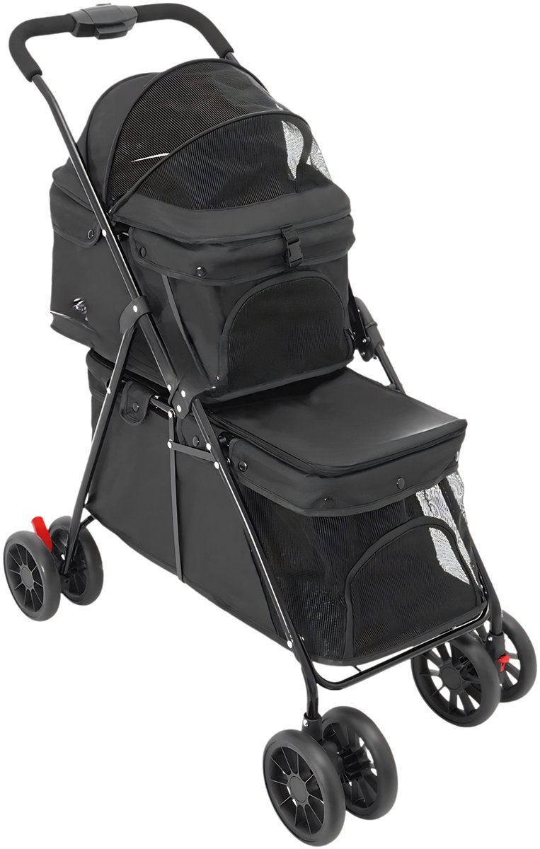Dubbele Hondenbuggy – Opvouwbare Huisdierenbuggy met 2 Compartimenten en 4 Wielen voor Kleine en Middelgrote Honden en Katten – Zwart