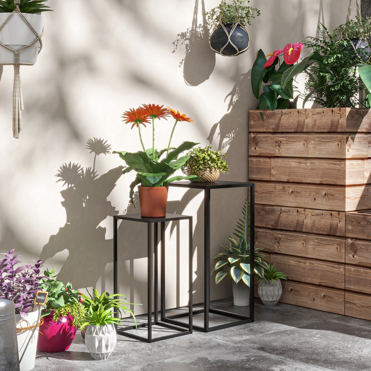 HAUSS SPOLE Plantenstandaard – 2-Delige Set – 31 x 31 x 65 cm – Staal – Zwart – Voor Balkon En Tuin – Ruimtebesparend