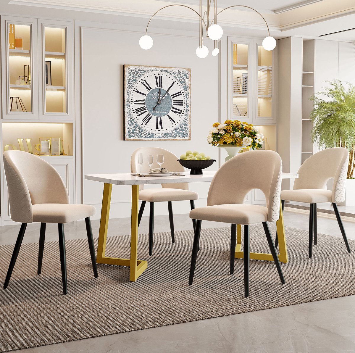 MEUNIQ Set tafel en stoelen 117 x 68 cm met 4 beige fluwelen eetkamerstoelen, rechthoekige eettafel, diamantpatroon, verstelbare stoelpoten, eetkamer