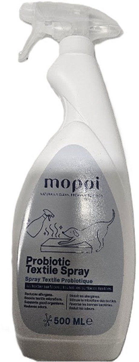 Moppi- Probiotische textiel Spray met goede bacteriên - voor alle textiel oppervlaktes - reduceert effectief allergenen- verwijderd onzuiverheden en neutraliseert geuren dagen lang. 500 ML -