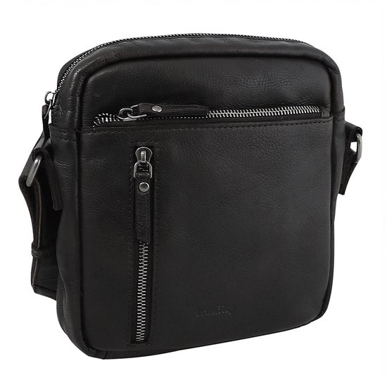 Zwarte leren Landley crossbody tas met verstelbare schouderriem en zilverkleurige ritsen.