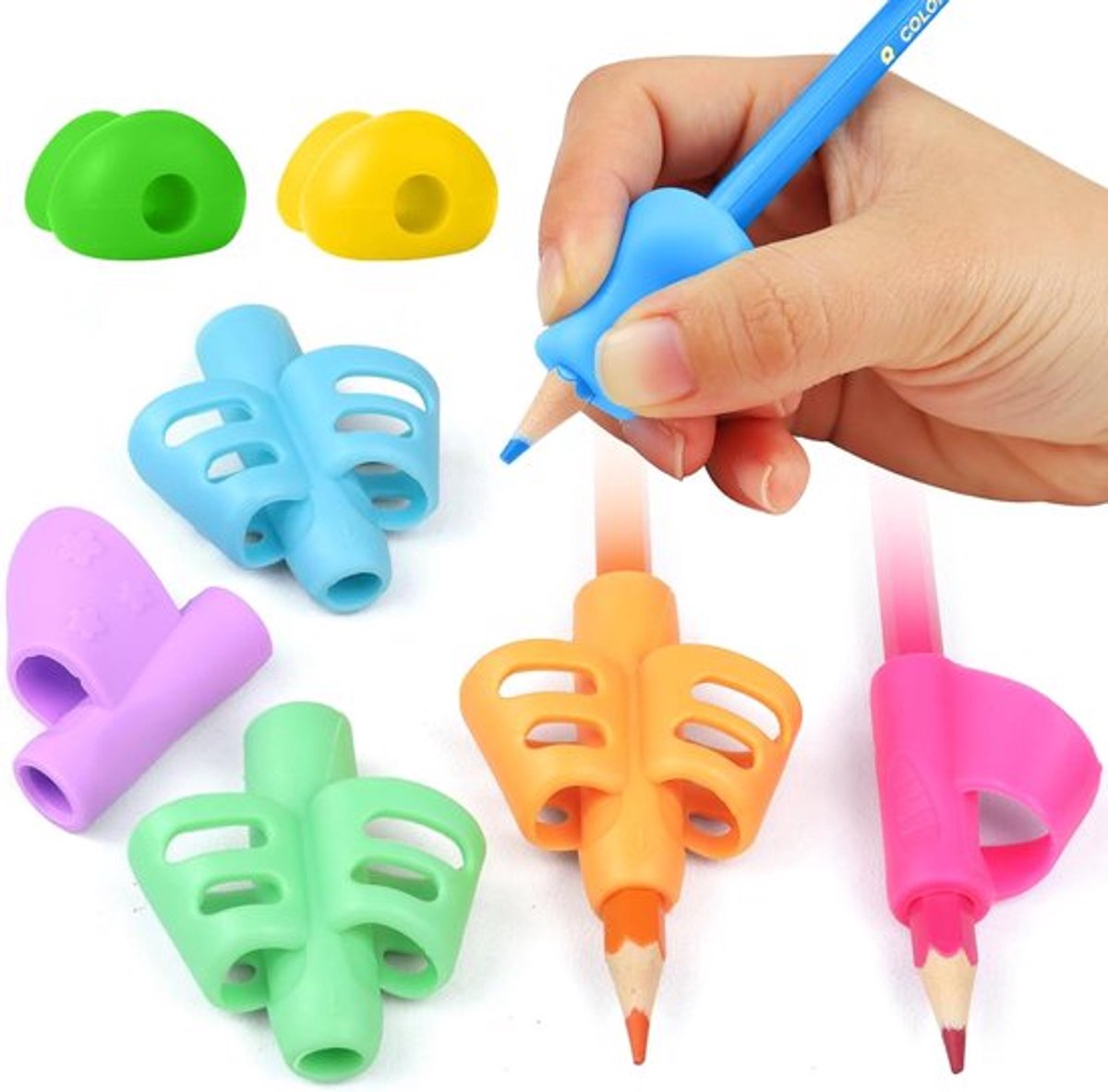 Thijox - 8 stuks ergonomische schrijfhulp voor kinderen, silicone penhouder, 3 niveaus voor linkshandigen en rechtshandigen, leren schrijven met plezi