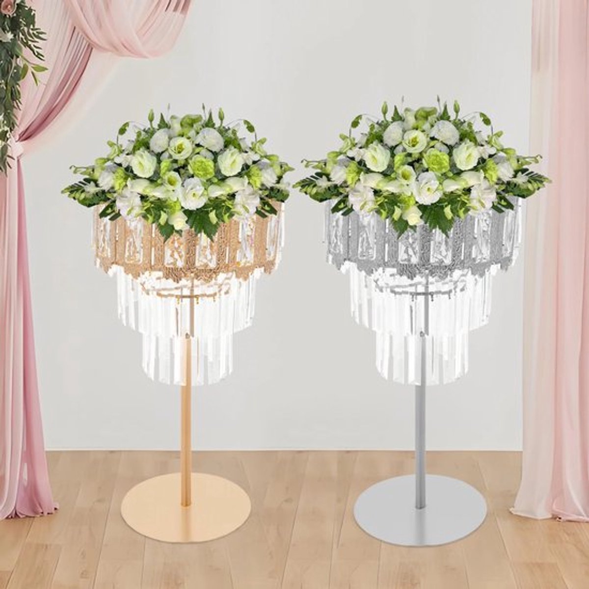 Bloemenstandaard van kristallen, bloemenstandaard van waterkristal, klein gouden acryl ijzeren rek, tafeldeco