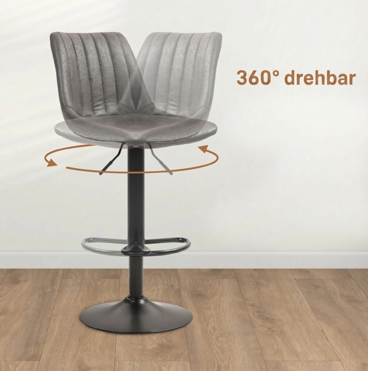OKWISH Barkruk - Set Van 2 Met Rugleuning, 360 Draaibaar En Hoogte Instelbaar - Voor Keukenhoek Of Huisbar - Metaal En Stof - Donkergrijs