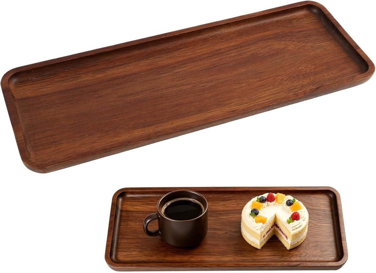 Rechthoekig houten dienblad van acaciahout, decoratief en multifunctioneel voor badkamer, keuken en bureau, 28 x 10 x 1,5 cm, natuurlijke uitstraling en stijlvol organizer