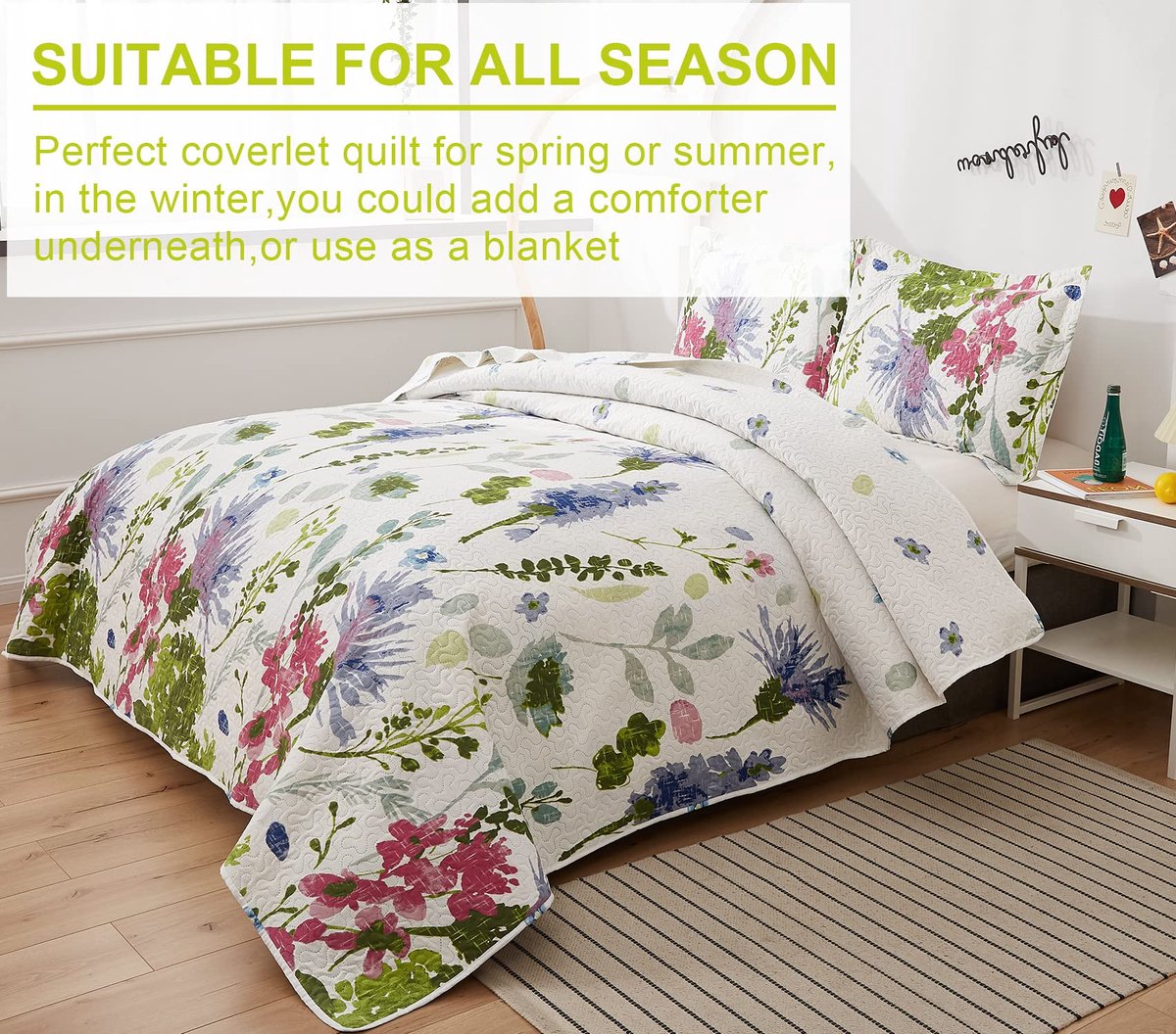 SnelShoppen - Beddengoedset Bloemen Omkeerbaar - Lichtgewicht Dekbed met Korenbloemen en Groene Bladeren - Kingsize Quilt met 2 Kussenslopen voor Elk