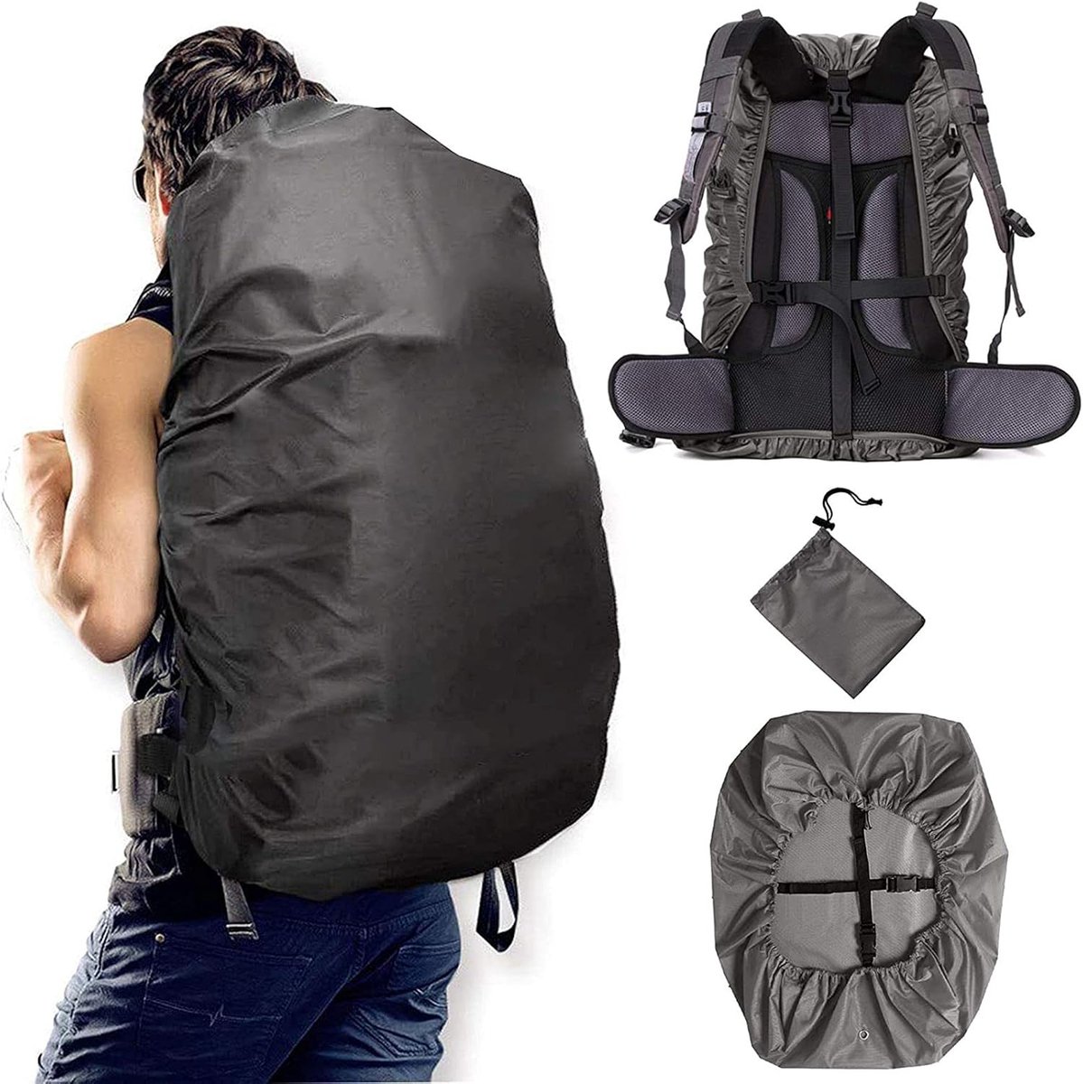 SnelShoppen - Rugzak Regenhoes XL (20-100L) Zwart/Black - Waterdichte Bescherming voor Hiking, Camping, en Reizen - Ideaal voor Outdoor Avonturen