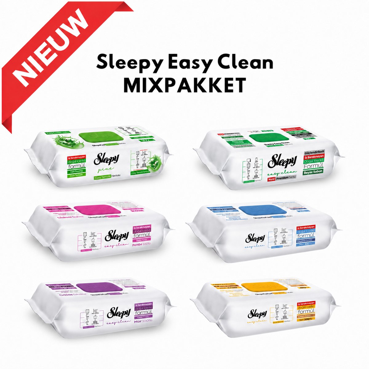 Sleepy Easy Clean Mixpakket Schoonmaakdoekjes – 6 x 100 Stuks – 600 Vochtige Reinigingsdoekjes – Dennenfris, Arabische Zeep,Bleekmiddel,Witte Zeep,Orchidee,Lilyum - Yuzey Temizleme Mendili Camasir suyu,Arap Sabunu,Beyaz Sabun,Cam Agaci,Orkide,Lilyum