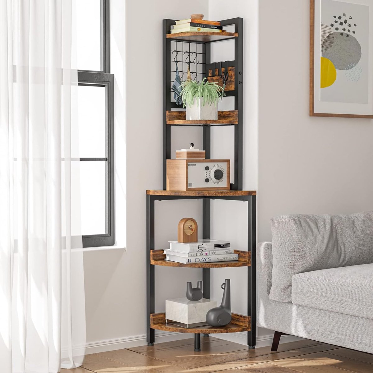 SnelShoppen - Dripex Boekenkast Hoekrek 5 Niveaus Ladderrek Metalen Frame Vintage Bruin Industrieel Design 40x40x152 cm Voor Woonkamer Slaapkamer Kant