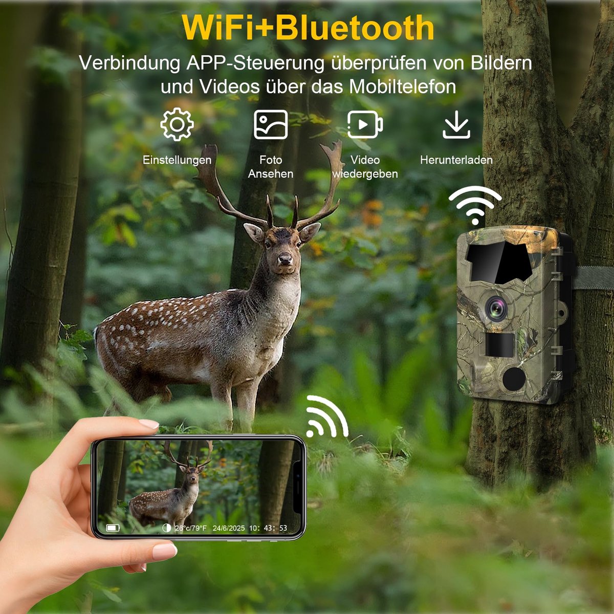 SnelShoppen - 5K Wildcamera Wifi met 64 MP Full HD Beeld, Nachtzicht, Infrarood, Bewegingssensor, Mobiele Overdracht, 64G SD-kaart en 8 AA-batterijen