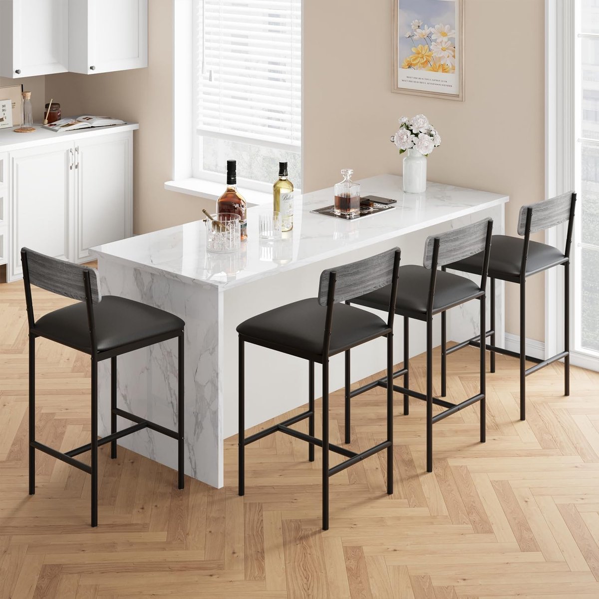 Set van 4 barstoelen, keukenbarstoelen met voetsteun, 64,8 cm hoge gestoffeerde stoelen met rugleuning, 4 barstoelen op aanrichthoogte voor bar en keukeneiland, eenvoudige montage
