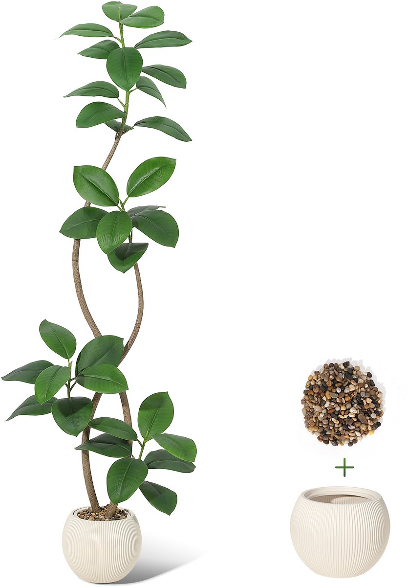 180 cm hoge kunstrubberboom, levensechte kunstplant met witte pot, staande kunstplant met realistische bladeren voor binnen en buiten, decoratie voor woonkamer, kantoor en hoeken in huis