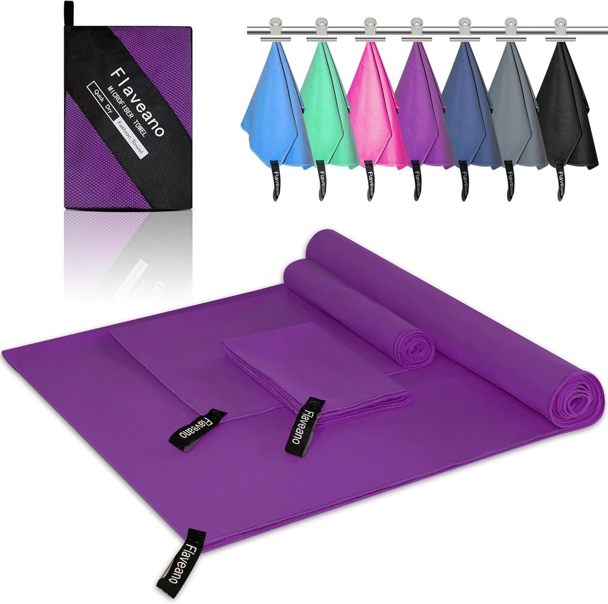 SnelShoppen - Flaveano Microvezel handdoek set van 3, sneldrogend, reishanddoek, outdoor handdoek, badhanddoek, sporthanddoek, strandhanddoek, paars (