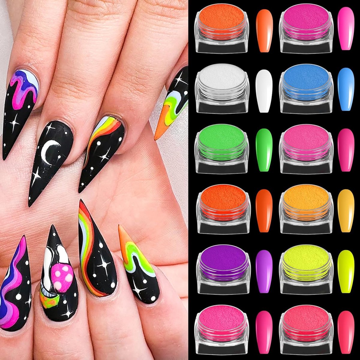 Nagelpoeder neon kleur - 12 kleuren pigment - fosfor voor nagelkunst - ideaal voor Halloween make-up - ShopVlot