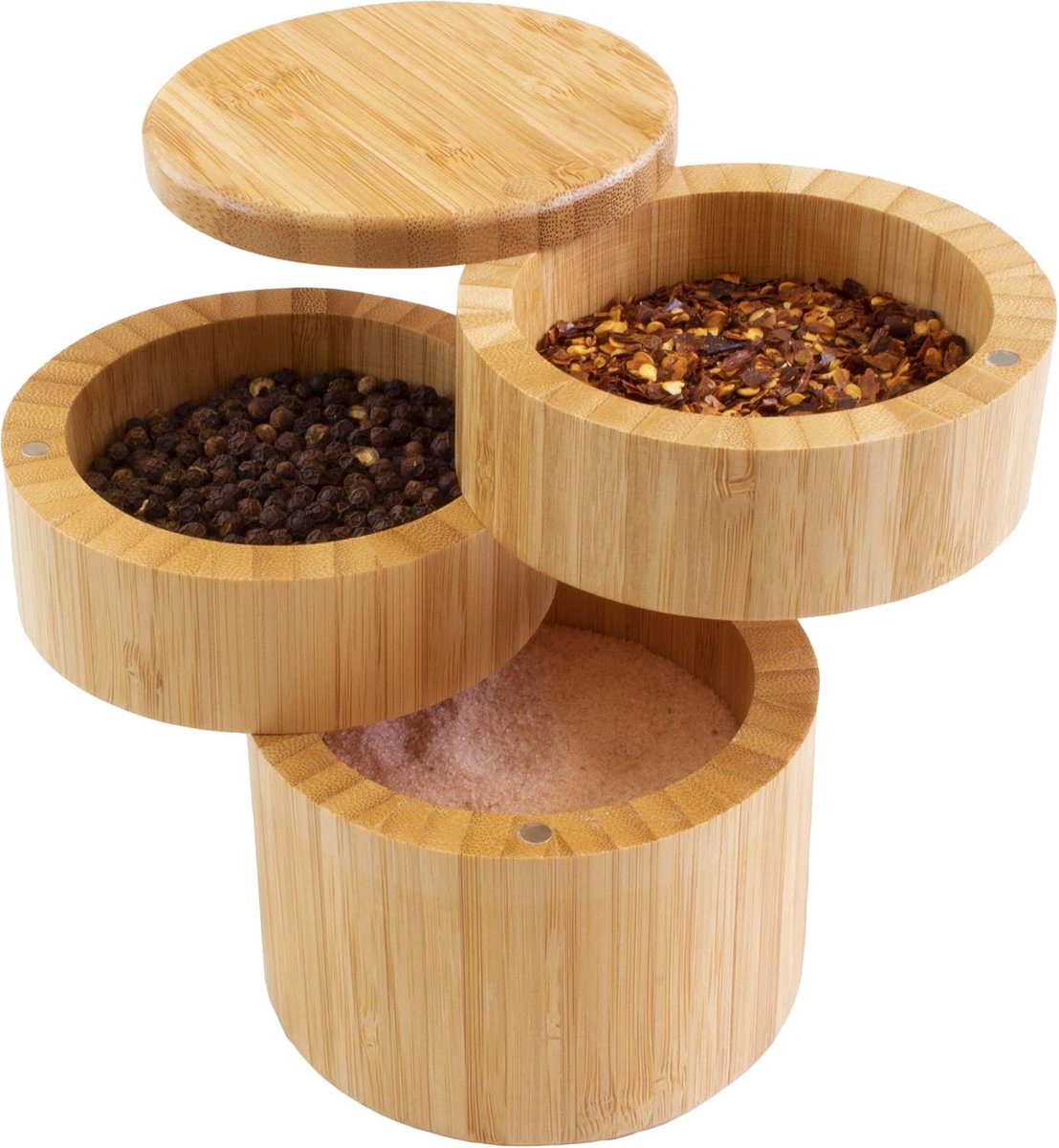 Kruidenopslagbox van Bamboe - 3-lags Draaibare Zout- en Pepercontainer - Specerijenhouder met Schuifdeksels - Keukenorganizer voor Zout, Peper en Kruiden - Compact Ontwerp - Bamboe - 13×9×9 cm