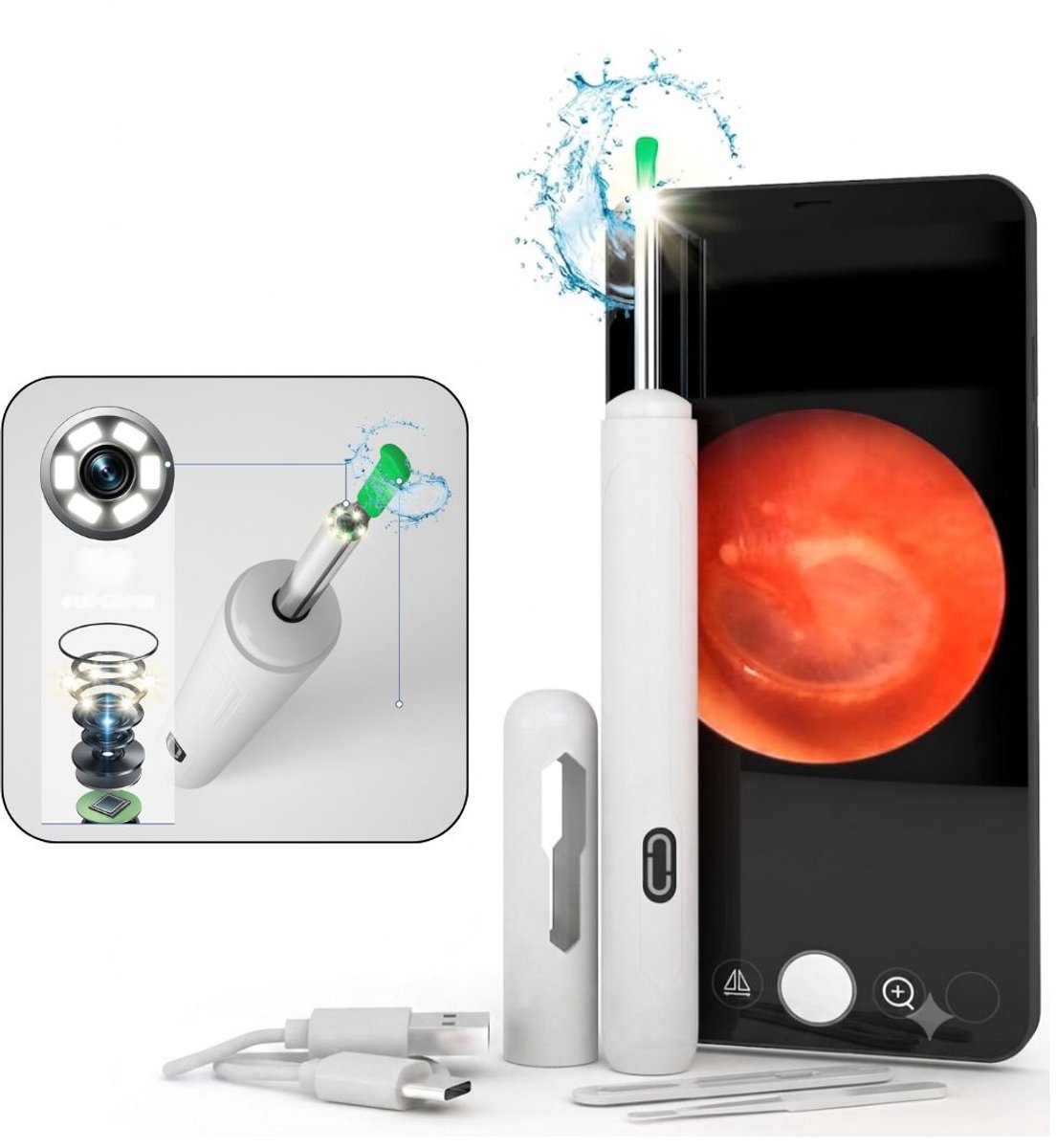 ApexArte® Oor Reiniger - Otoscoop Camera - Oor Inspectie - HD IPS Scherm - Wit