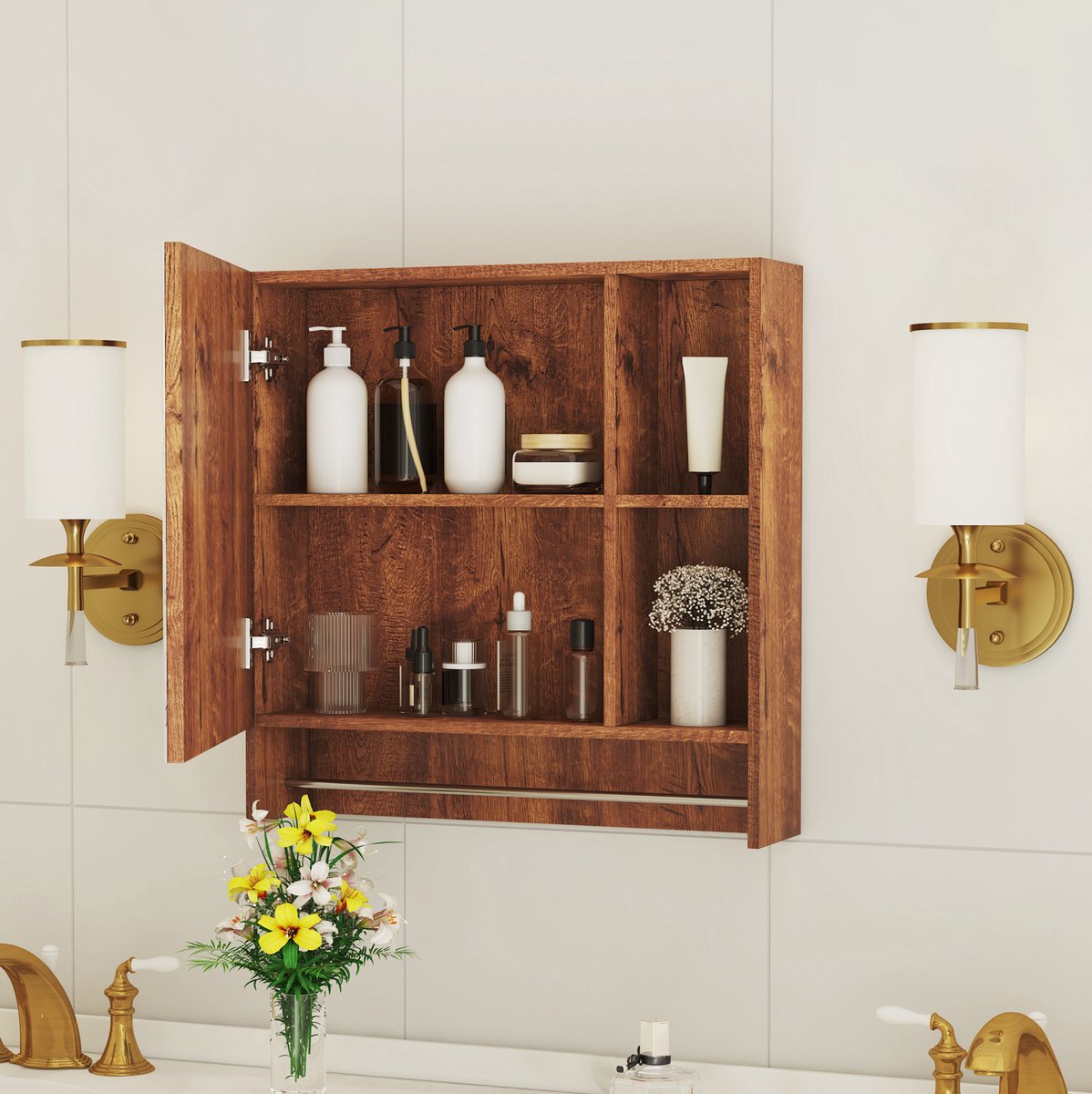 MODENUIT Badkamerspiegelkast - Wandmodel Met Spiegel En Open Vakken - Voor Badkamer - Walnootkleurig MDF - 69x63x12,5 Cm