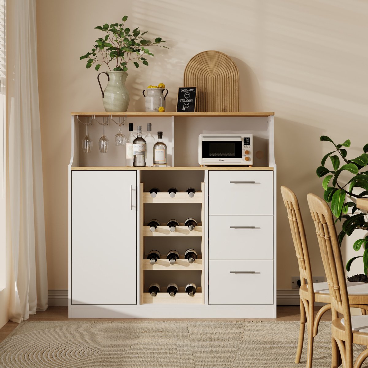 DESMIU Dressoir - Met Ledverlichting, Stopcontact En Wijnrek - Voor Keuken, Eetkamer En Thuisbar - MDF In Wit En Naturel - 120x40x121 Cm